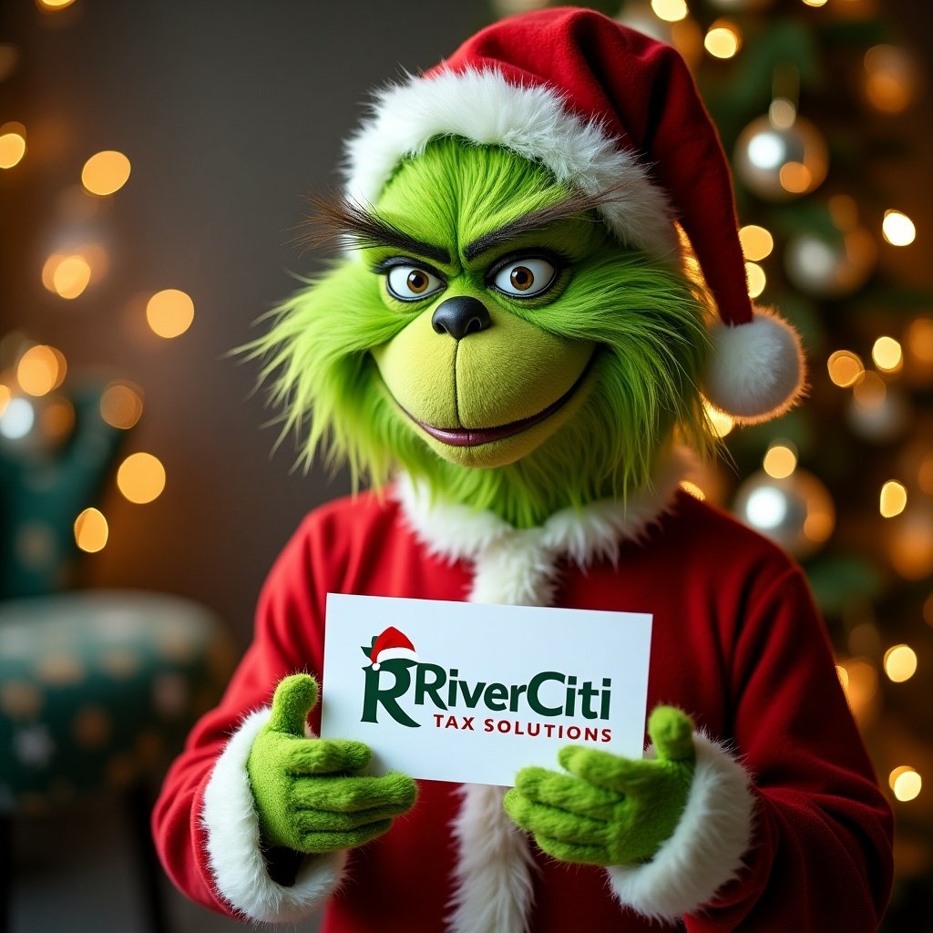 Vibrant holiday-themed photo featuring the Grinch. Grinch holds a sign for River Citi Tax Solutions. Background includes holiday decorations like twinkling lights and ornaments. Overall vibe balances Grinch’s mischievous nature with a welcoming holiday spirit. Green and red are primary colors with hints of gold.