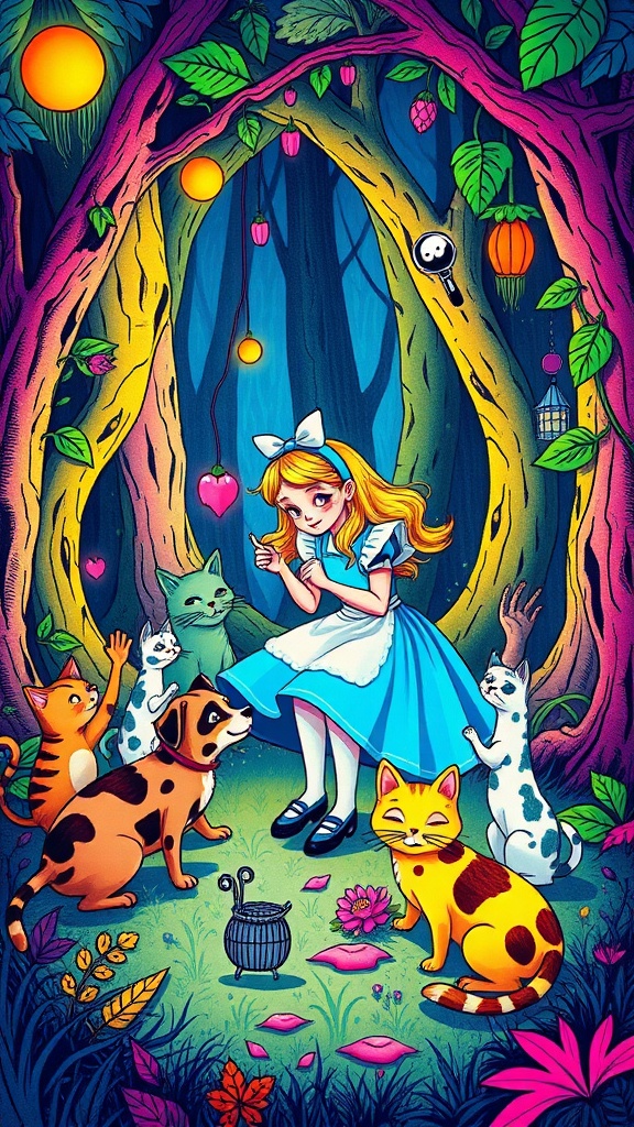 A whimsical fantasy scene with a girl in a blue dress surrounded by animals in a colorful, magical forest.