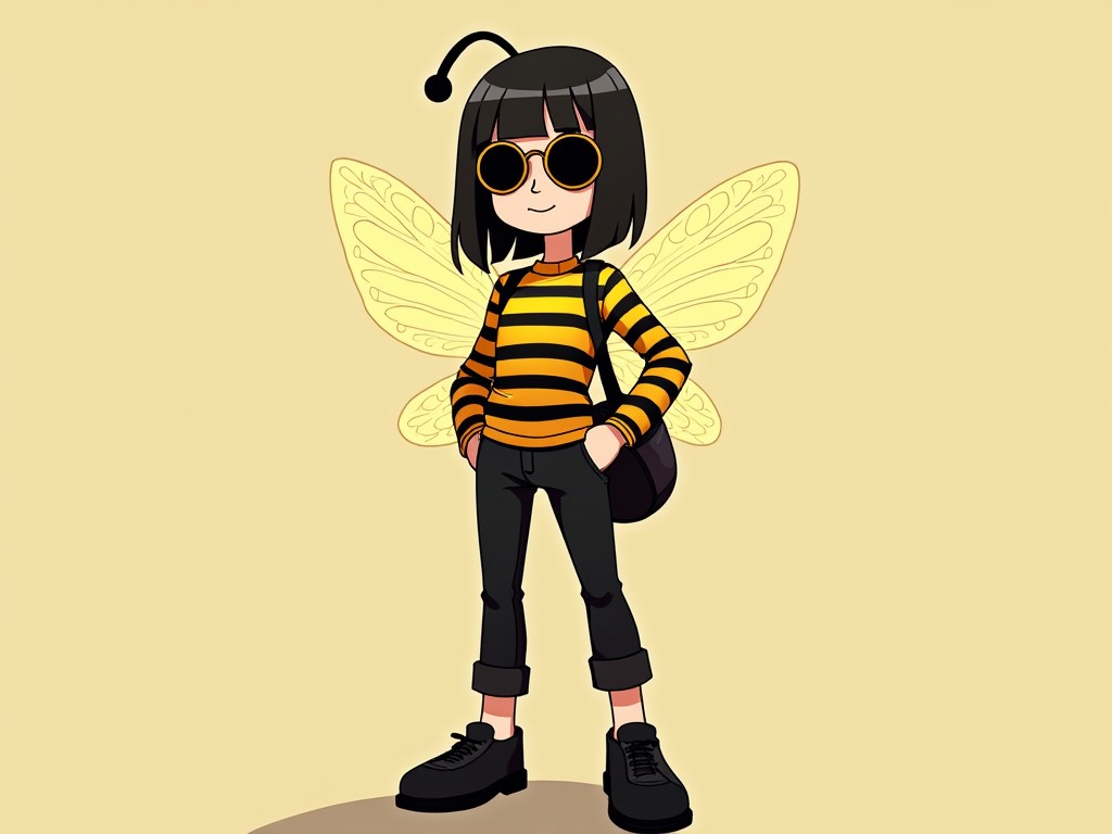 This image features an anime-style female character inspired by a bee. Her outfit consists of a bright striped top with bold lighting across the chest, paired with black pants and shoes. The character has neck-length hair with a fringe, adding a stylish touch. She wears oversized round sunglasses that give her a chic appearance. Delicate wings resembling those of a bee add an imaginative element to her design. The background is a simple, soft yellow to highlight her vibrant outfit and features.