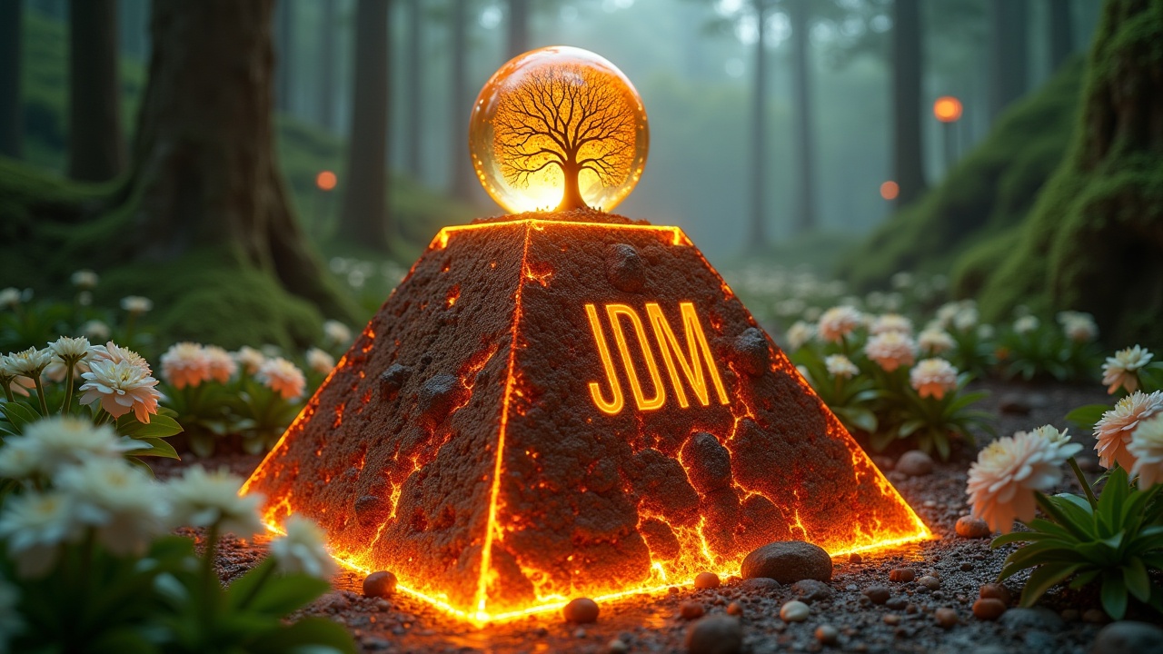 An enchanted glowing pyramid in a mystical forest with a glass orb containing a tree at its apex. The pyramid is surrounded by white flowers and illuminated with an orange glow, inscribed with the letters 'JDM'.