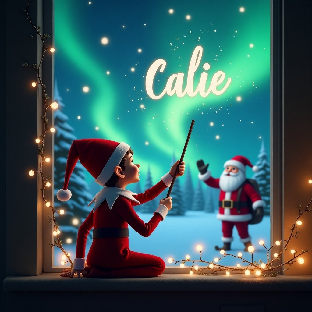 An elf sits on a windowsill, facing the sky. The elf uses a wand to write the name Callie in the sky. The background shows a magical Christmas scene with northern lights and Santa Claus visible in the distance.