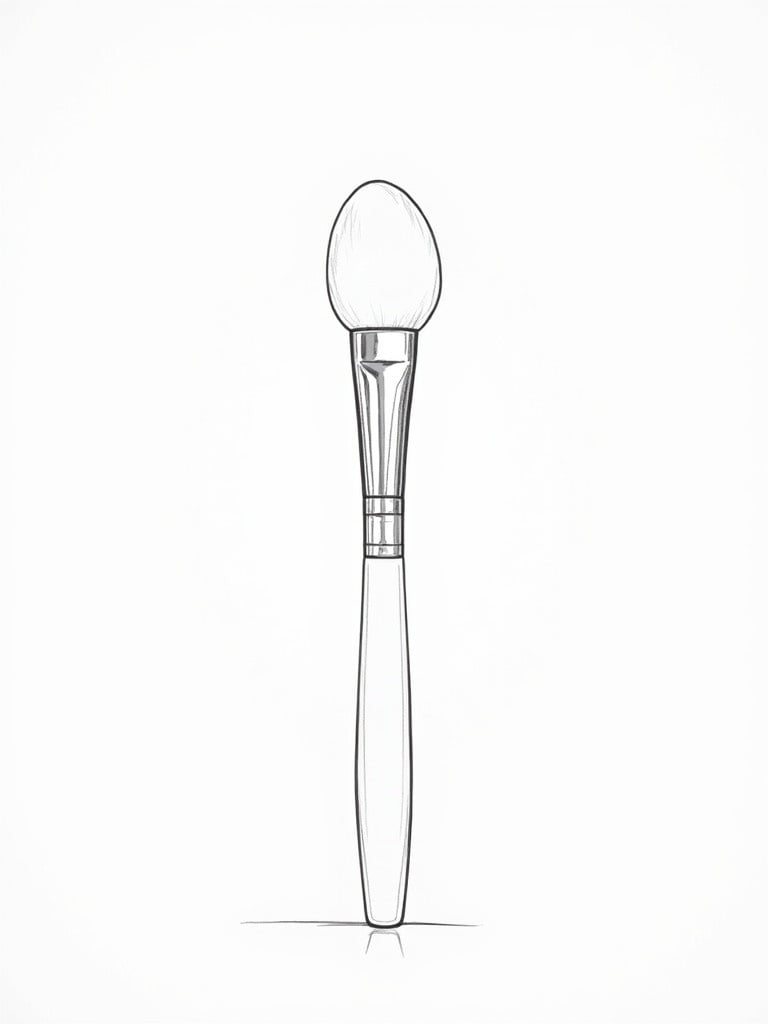 Detailed minimalist sketch of a silicone applicator brush. View from the front. Features flat wide rounded top. Metallic ferrule connects top to cylindrical handle. Smooth ergonomic handle. Resembles product blueprint. Transparent background without labels.