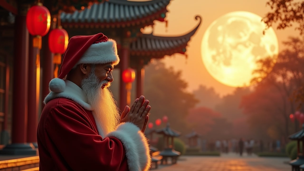 Cinematic image features Santa standing in front of a traditional Chinese temple with a bright moon, showing respect for Tai Chi Chuan at magic hour.