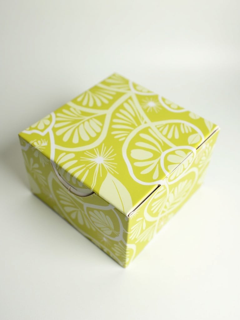 Decorative box designed for rice cake packaging. Features banana leaf patterns. Made from laminated kraft paper or plastic. Includes resealable tear notch. Eco-conscious design with bright colors.