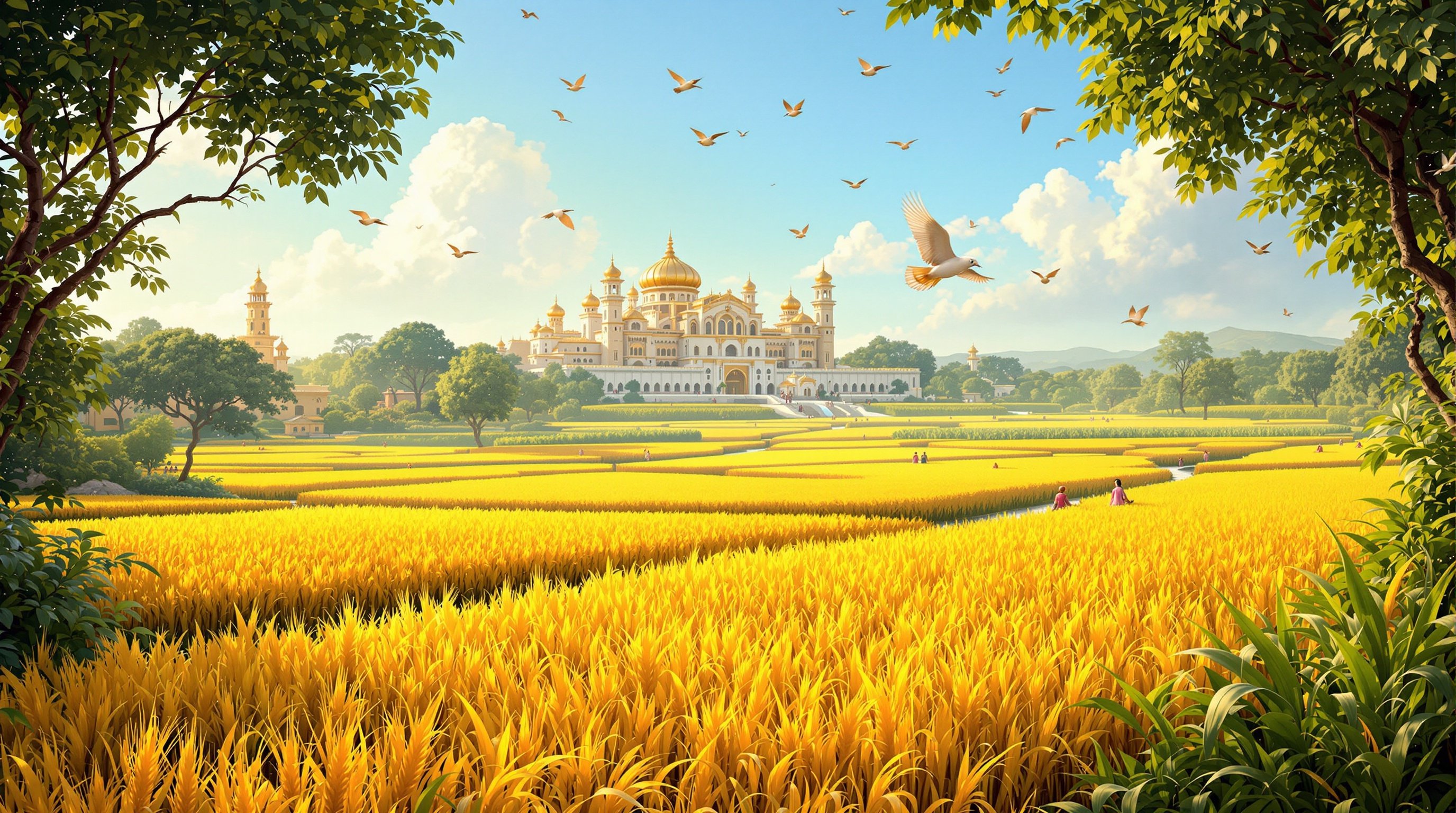 A lush landscape showing the kingdom of Surya Garh. Golden fields stretch far, filled with crops. Farmers work joyfully. In the background, a majestic palace shines. Streams of water flow through. Birds fly above. King Rudrasen and Queen Mriganjali observe the land from a terrace. The scene displays peace and prosperity.