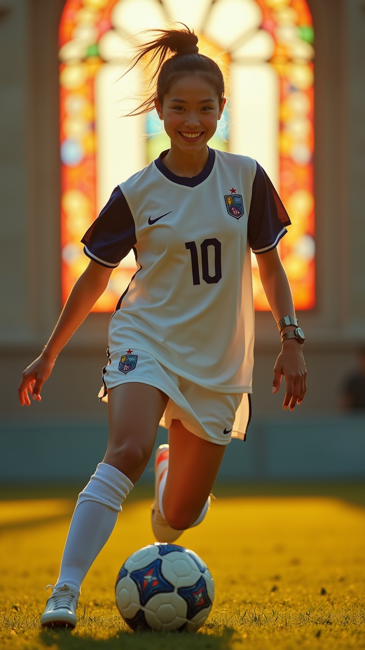 A young female soccer player, smiling, confidently dribbling a soccer ball under the warm glow of an afternoon sun, with a vibrant stained glass window in the background.