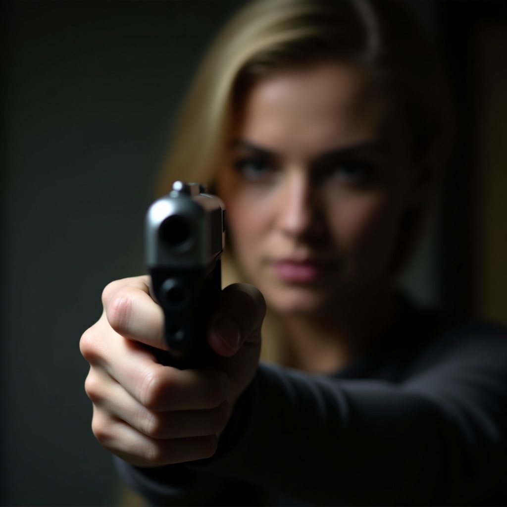 This image shows a dramatic close-up of a person aiming a gun directly at the viewer. The woman's expression is serious and tense, suggesting a high-stakes situation. The image is captured in a low-key lighting style, highlighting the metallic features of the gun. The background is blurred, creating a sense of depth and urgency. This visual evokes emotions of suspense and danger, making it impactful for storytelling purposes.