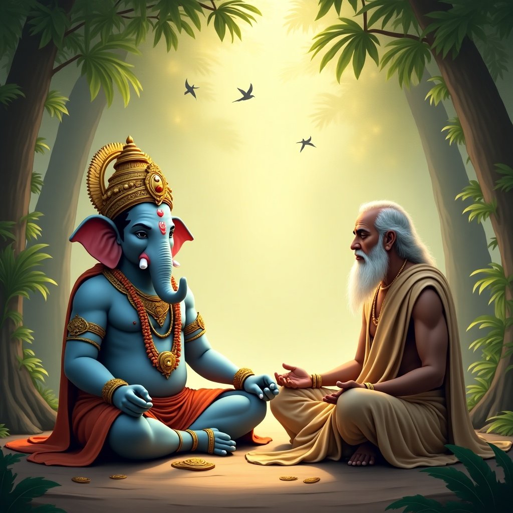 Digital painting depicting Ganesha and a sage in meditation. Ganesha has an elephant head, light-blue skin, gold jewelry, and ornate robes, positioned on the left. The sage has light skin, long white beard, and is dressed in a simple robe, seated on the right. Background has lush tropical trees and dappled sunlight, conveying peace and serenity. Birds are flying, adding movement. Realistic style with a painterly quality.