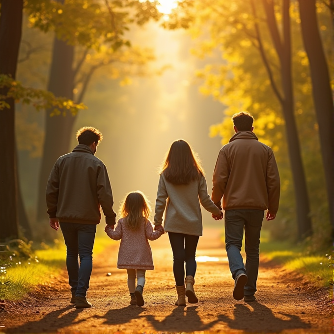 A family of four walks hand in hand down a sunlit forest path, surrounded by tall trees and autumn leaves.