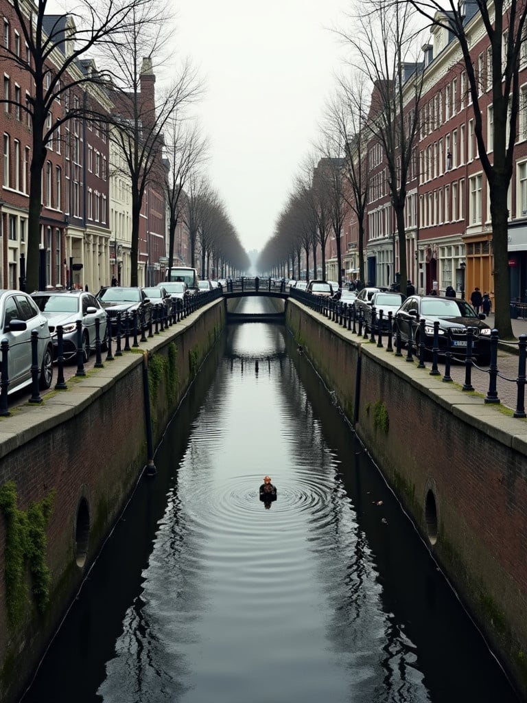 Money going down the canal. American currency is seen going down the drain. Reflective water in a city landscape shows a lone figure. Trees line the path beside the canal.