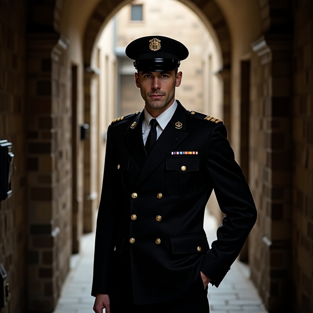 Warden stands confidently in a narrow stone corridor wearing a sharp military-style double-breasted uniform. Lighting is soft and dramatic emphasizing the figure and casting shadows on the wall. The architectural details of the corridor enhance the historic ambiance. The composition projects an aura of authority and control.