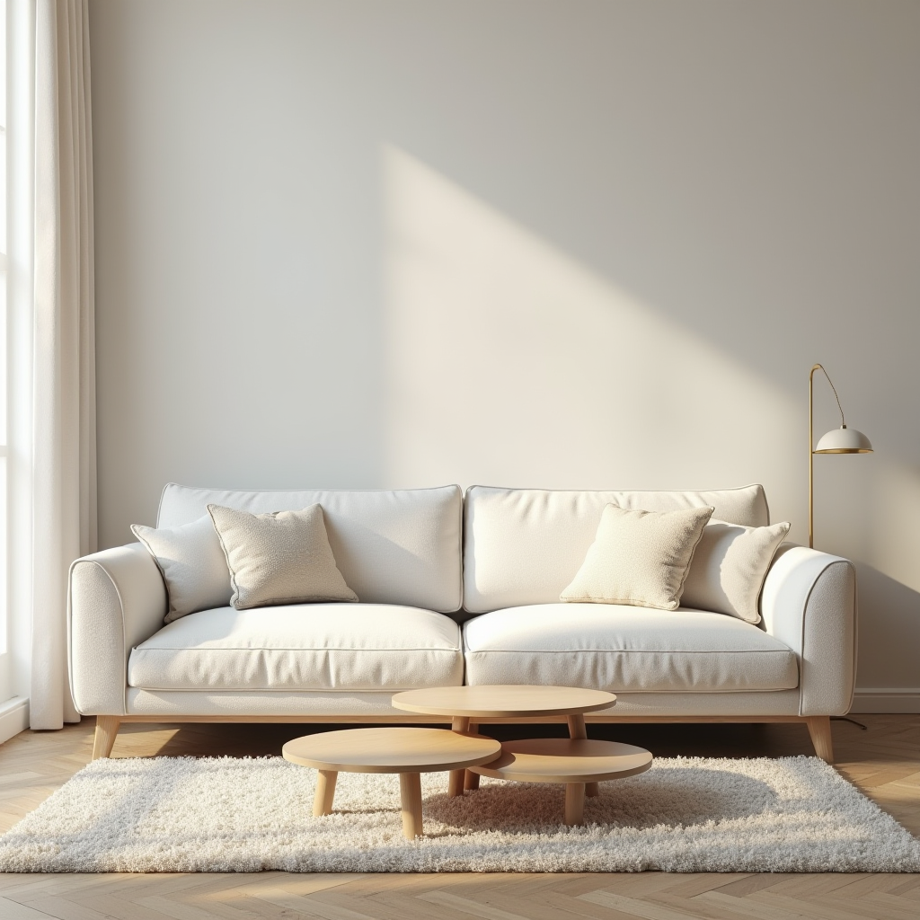 A cozy living room with a white sofa, pillows, and a small wooden coffee table on a plush rug.