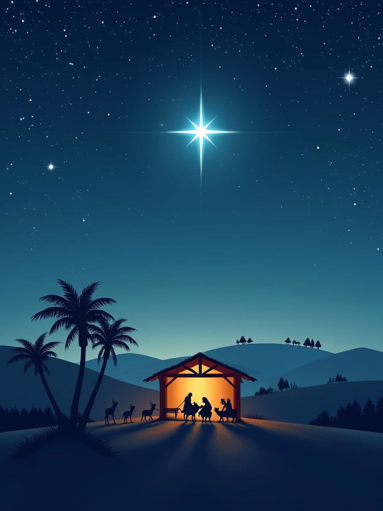 A star shines above a stable. Three wise men are seen on the horizon. The stable glows with light. The sky is filled with stars. The image conveys a Merry Christmas message.