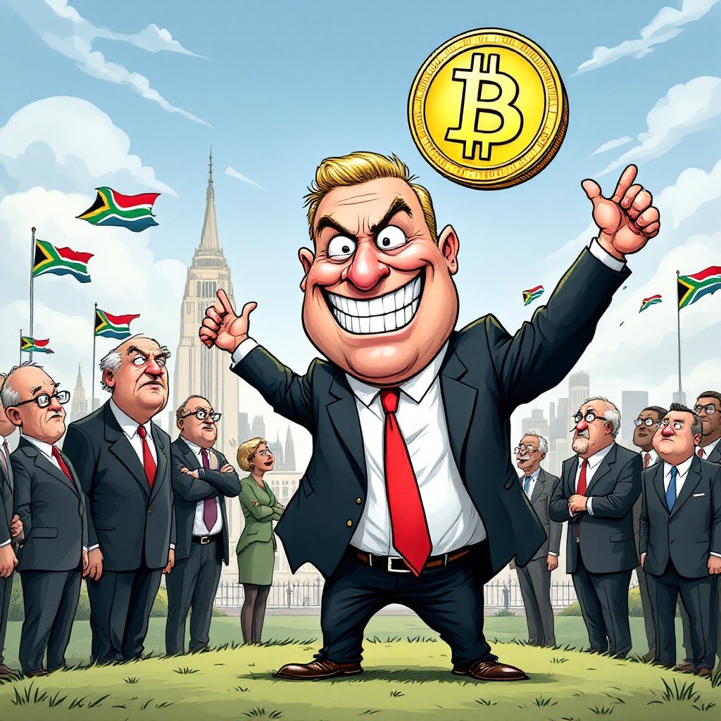 Political cartoon featuring a confident businessman with a Bitcoin. The character has exaggerated features. He stands on a grassy platform. In the background, there are simplified Union Buildings and South African flags. Government officials show exaggerated confusion. The sky is bright blue with cartoon clouds.