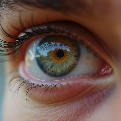 Close-up view of a beautiful male eye. Half of the face not shown. Eye reflects an older and a younger version of the same man. Younger version looks happy and innocent.