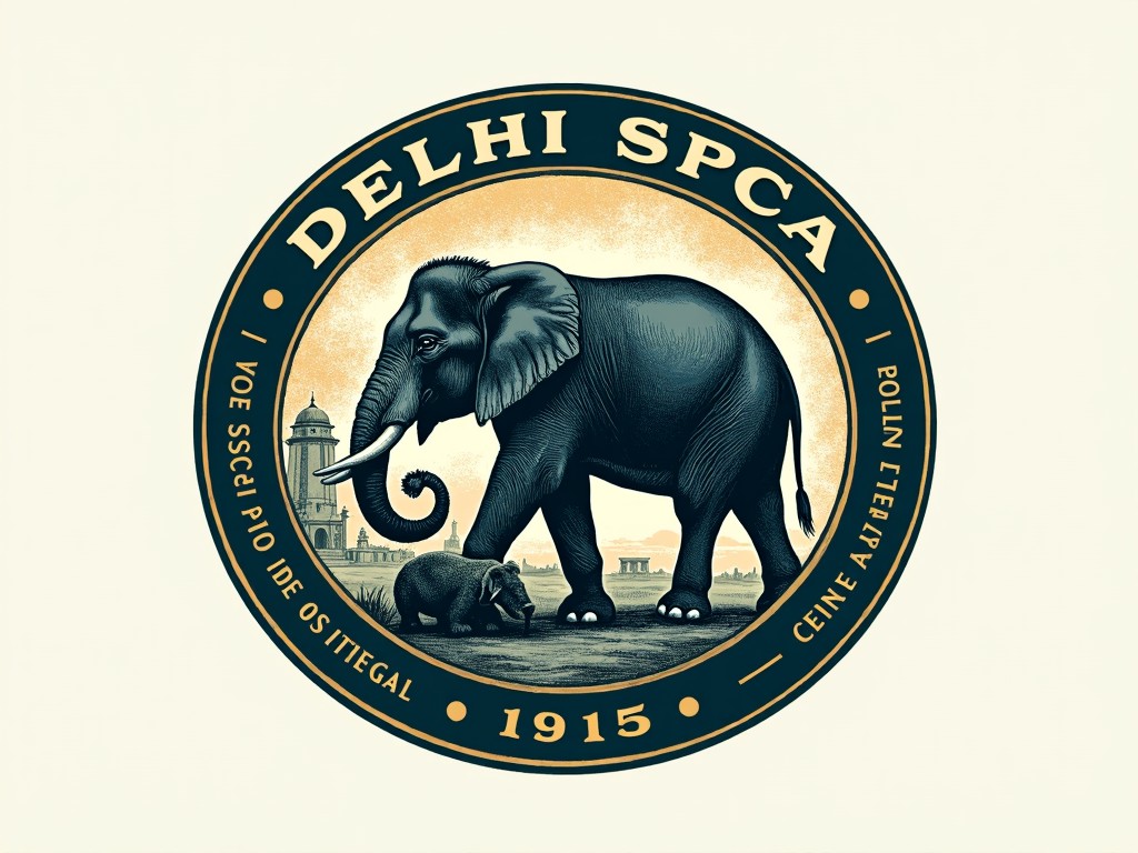 Logo featuring an elephant and calf with historical architecture, labeled 'Delhi SPCA 1915'.