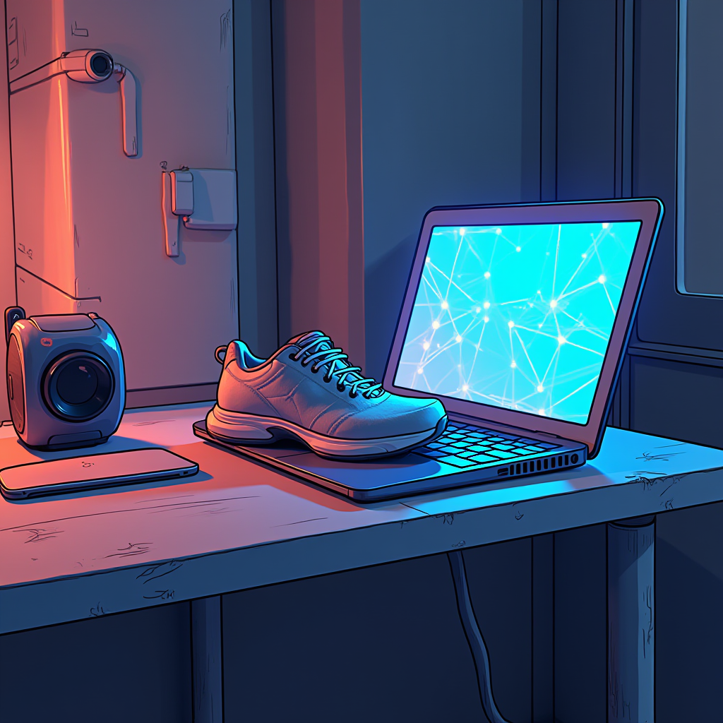 A sneaker rests on a lit-up laptop surrounded by tech gadgets on a desk.