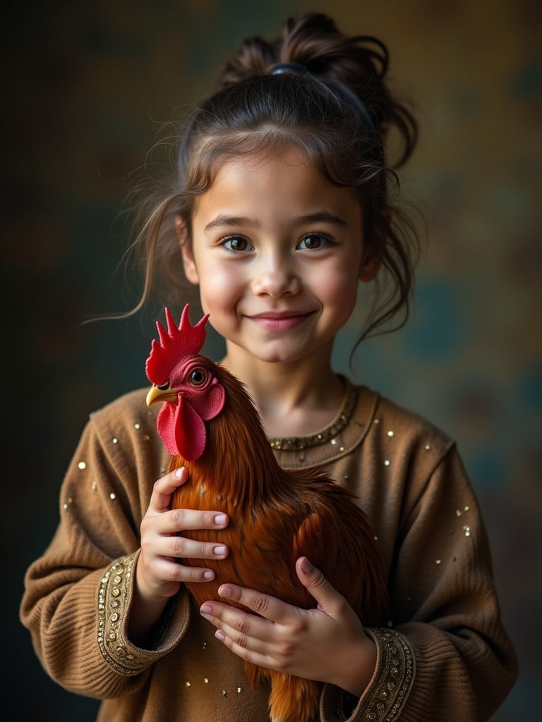 A young girl with a glittering smile holds a cock. She wears a cozy sweater. The background is softly colored and warm. The girl has a joyful expression while interacting with the bird.