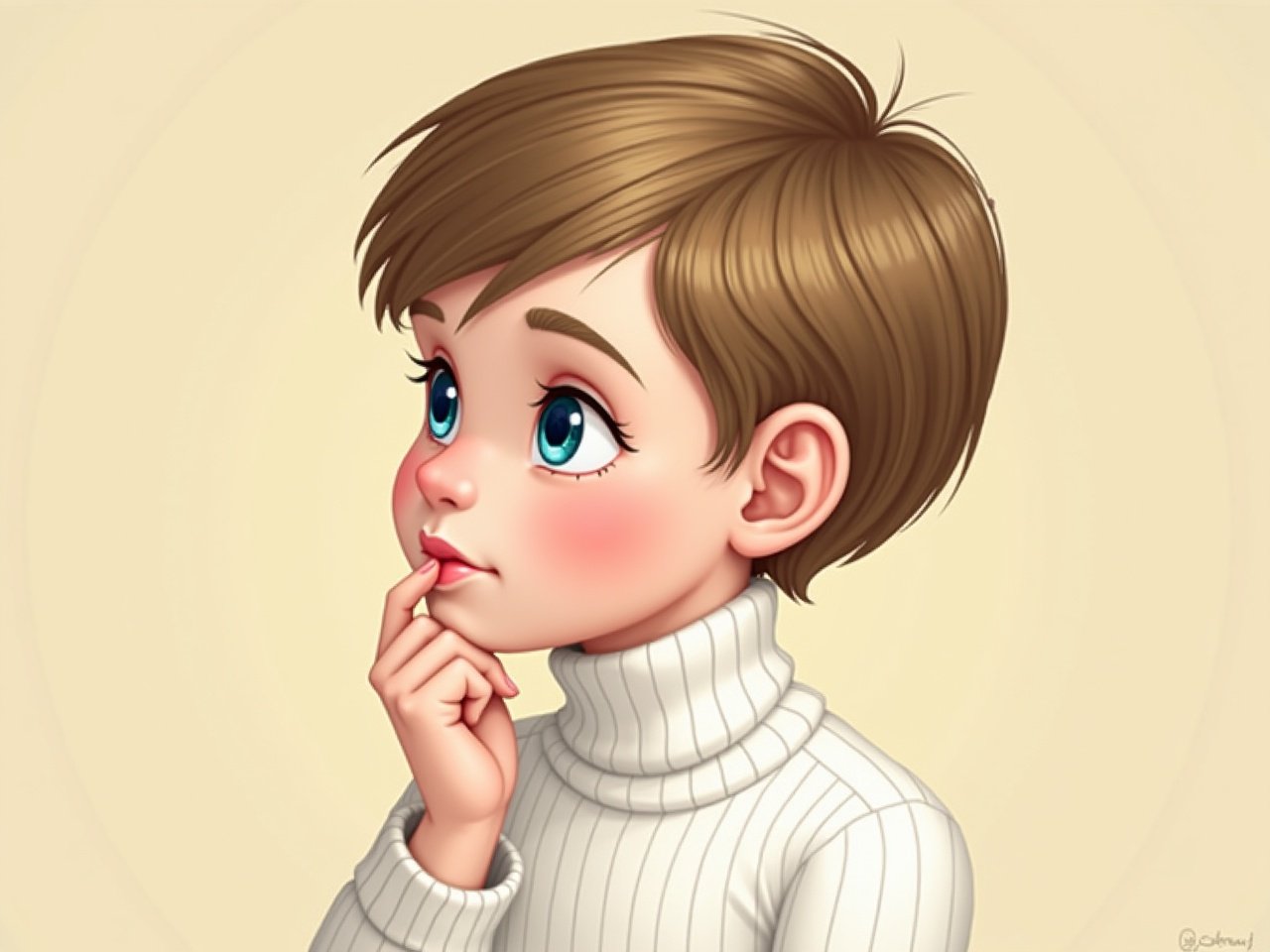 The image features a young boy with a thoughtful expression. He has light brown hair styled neatly and big, bright blue eyes that are focused to the side. His cheeks have a slight blush, giving him a youthful and innocent appearance. The boy is wearing a white turtleneck sweater, which adds to his simple yet elegant look. The background is a soft beige color, keeping the focus on his face. His posture is upright, suggesting confidence or curiosity. This portrait has an artistic and detailed quality, resembling a digital painting.