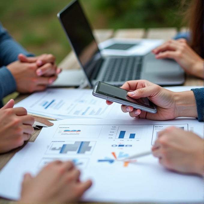 Several people are gathered around a table with charts, a laptop, and a smartphone.