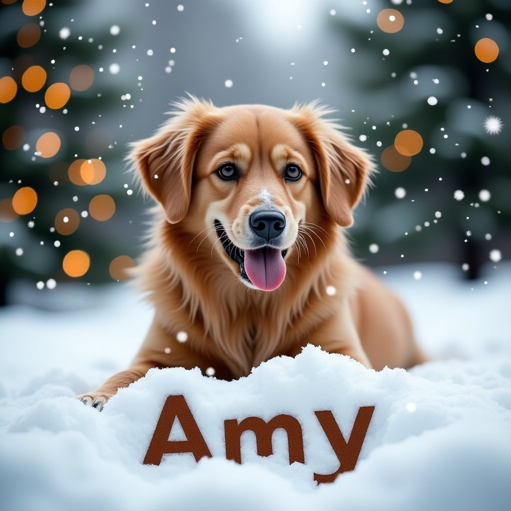 Friendly playful dog in the snow. Name Amy written in the snow. Background has Christmas trees decorated with lights and snowflakes falling.