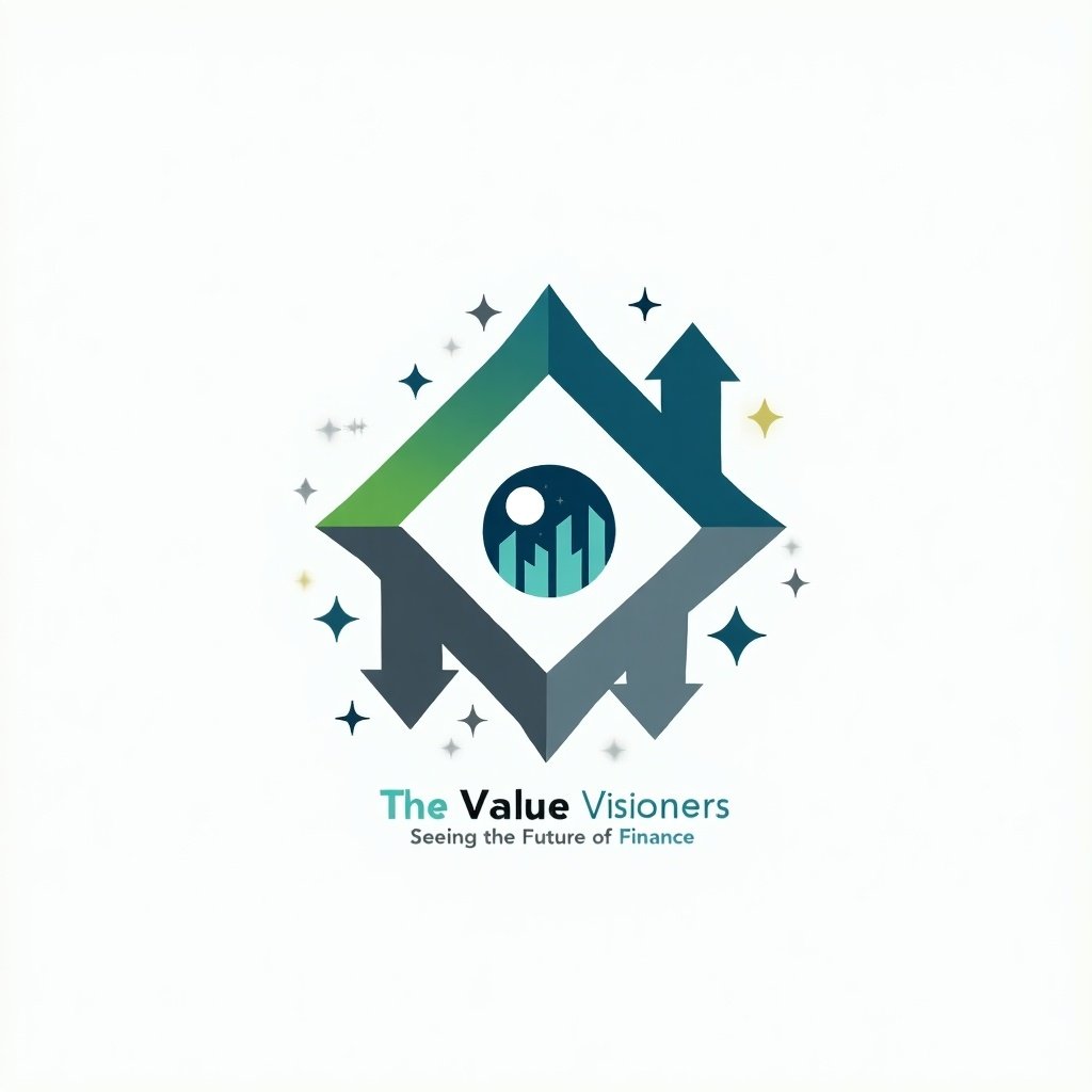 Creative logo design for a team named The Value Visioners. Emphasizes financial analysis and future-oriented thinking. Features an upward arrow for growth and an eye symbol for vision. Includes graphs and financial symbols inside the eye. Uses dynamic blue, green, and gray colors. Incorporates slogan about the future of finance.