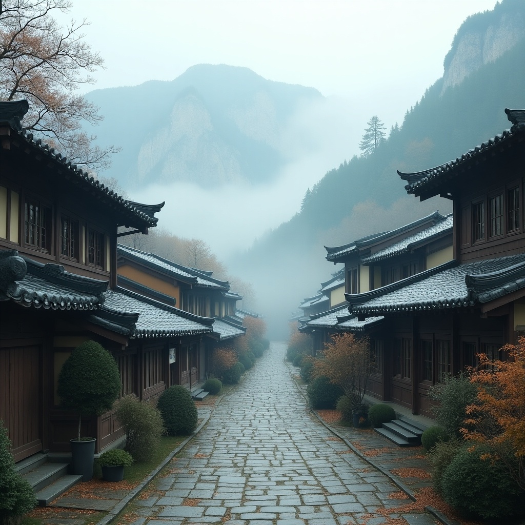 The image captures a serene oriental village characterized by intricate wooden buildings. The architecture reflects traditional designs, with a peaceful pathway leading through the center. Misty mountains loom in the background, creating an ethereal atmosphere. Soft light enhances the tranquility of the scene, evoking calmness. Autumn foliage adds warm colors to the landscape, complementing the natural beauty.