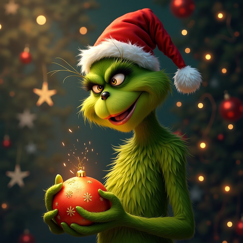 Grinch character wears Santa hat. Holding a red Christmas bauble. Background shows Christmas trees and decorations. Bright festive atmosphere.