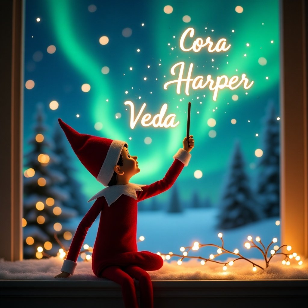 An enchanting Christmas scene featuring an elf on the shelf, who is facing the sky with his back to the viewer. Dressed in red and white, the elf wields a magic wand, writing 'Cora', 'Harper', and 'Veda' in a glowing script above him. The backdrop is adorned with vibrant northern lights, adding a magical ambiance. The scene is festive, portraying the spirit of Christmas with a whimsical twist. The elf's position and action create a sense of wonder and excitement that captures the joy of the holiday season.