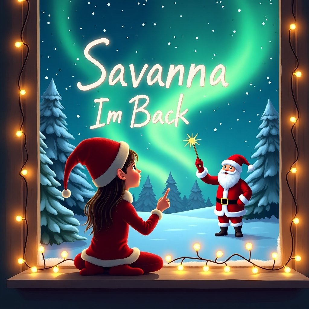 This illustration captures a charming holiday scene featuring a girl elf on the shelf. She is depicted sitting inside, gazing out of a snowy window at the magical northern lights. With a wand, she's writing the name 'Savanna Im Back' in the sky. In the background, Santa Claus is also seen, adding to the festive atmosphere. Surrounding the window are soft, warm lights that twinkle, enhancing the cozy holiday vibe. The snow-covered trees amplify the enchanting winter landscape. Overall, this artwork encapsulates the essence and joy of the Christmas season.