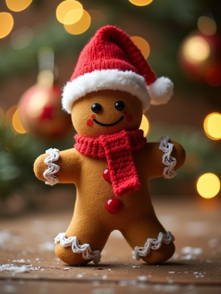 Gingerbread man figure wearing a Santa hat and scarf. Background features holiday decorations. Soft lights create a magical Christmas atmosphere.