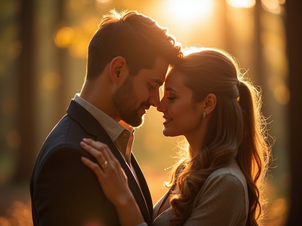 A couple lovingly embraces in a sun-drenched forest setting. The warm, golden light casts a romantic glow over their faces as they stand forehead to forehead. Their eyes are closed, sharing a tender connection in this intimate moment. The background is blurred, suggesting a serene, wooded environment that enhances the ambiance. It's a beautiful depiction of love and tranquility in nature.