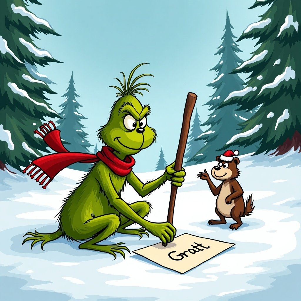 The Grinch sits in the snow writing with a stick. A small character watches him. Snow-covered hills and evergreen trees surround them. The Grinch is wearing a red scarf and is green.