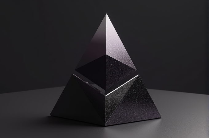 Two shiny pyramids are stacked on top of each other against a dark background.