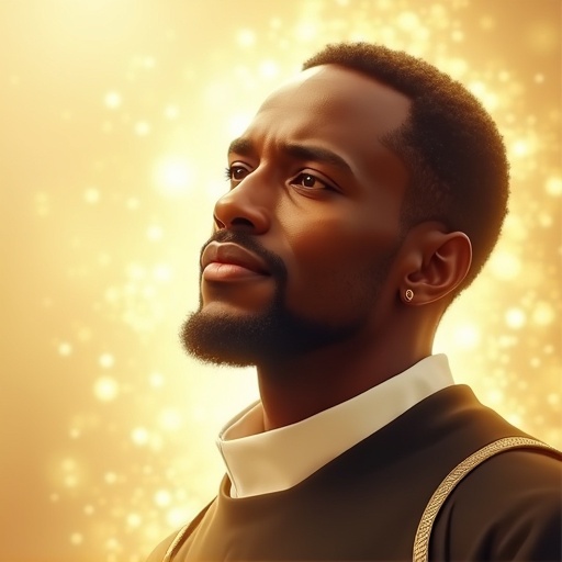 Digital artwork of Saint Martin de Porres. Close-up portrait in Dominican habit. Luminous color palette with golds and whites. Serene expression. Deep spirituality reflected in gaze. Rich brown skin highlighting Afro-Peruvian heritage. Divine golden glow emphasizing holiness. Gradient background of gold and white. Positioned on the right side with negative space on the left for text placement.