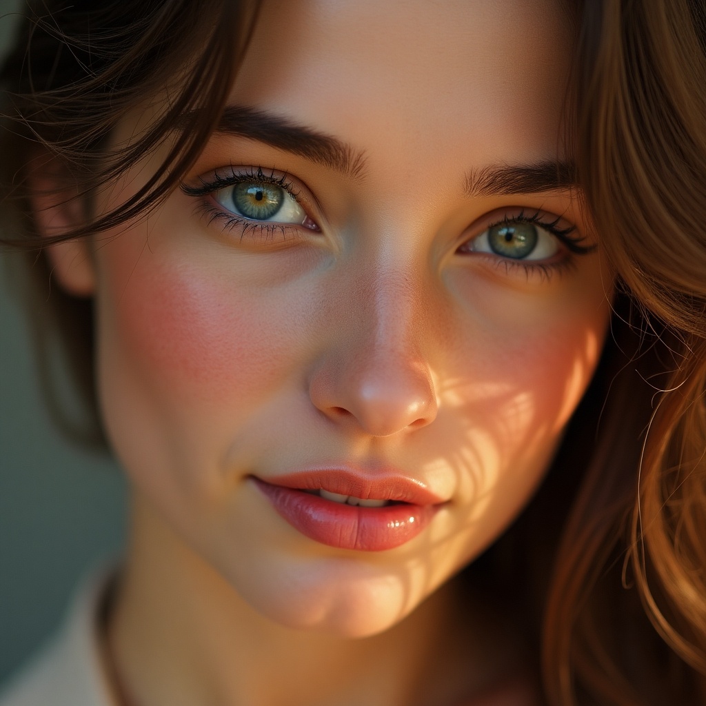 A close-up portrait of a beautiful young woman. She has striking green eyes and soft, natural makeup. The lighting is warm and soft, creating a serene atmosphere. Her expression is inviting and captivating, showcasing her natural beauty. The background is blurred to focus on her face.