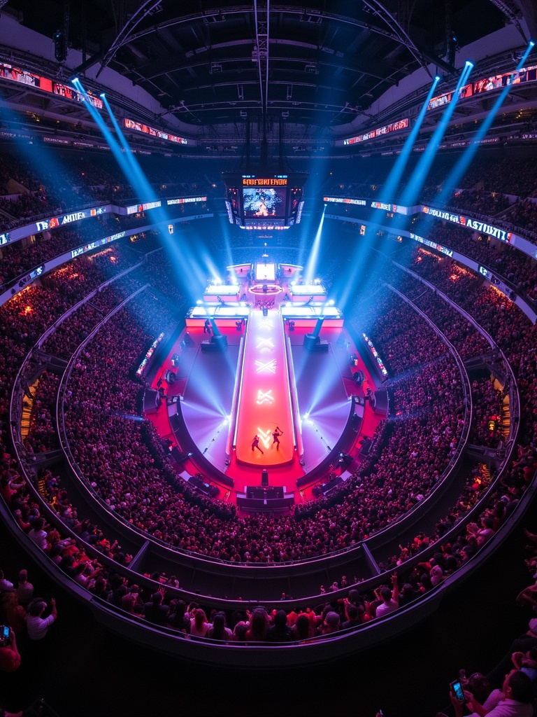 Travis Scott performing at Madison Square Garden. A 360 concert stage is highlighted. The view is taken from a drone high above the stage. A large crowd fills the arena. Bright lights illuminate the performance area.