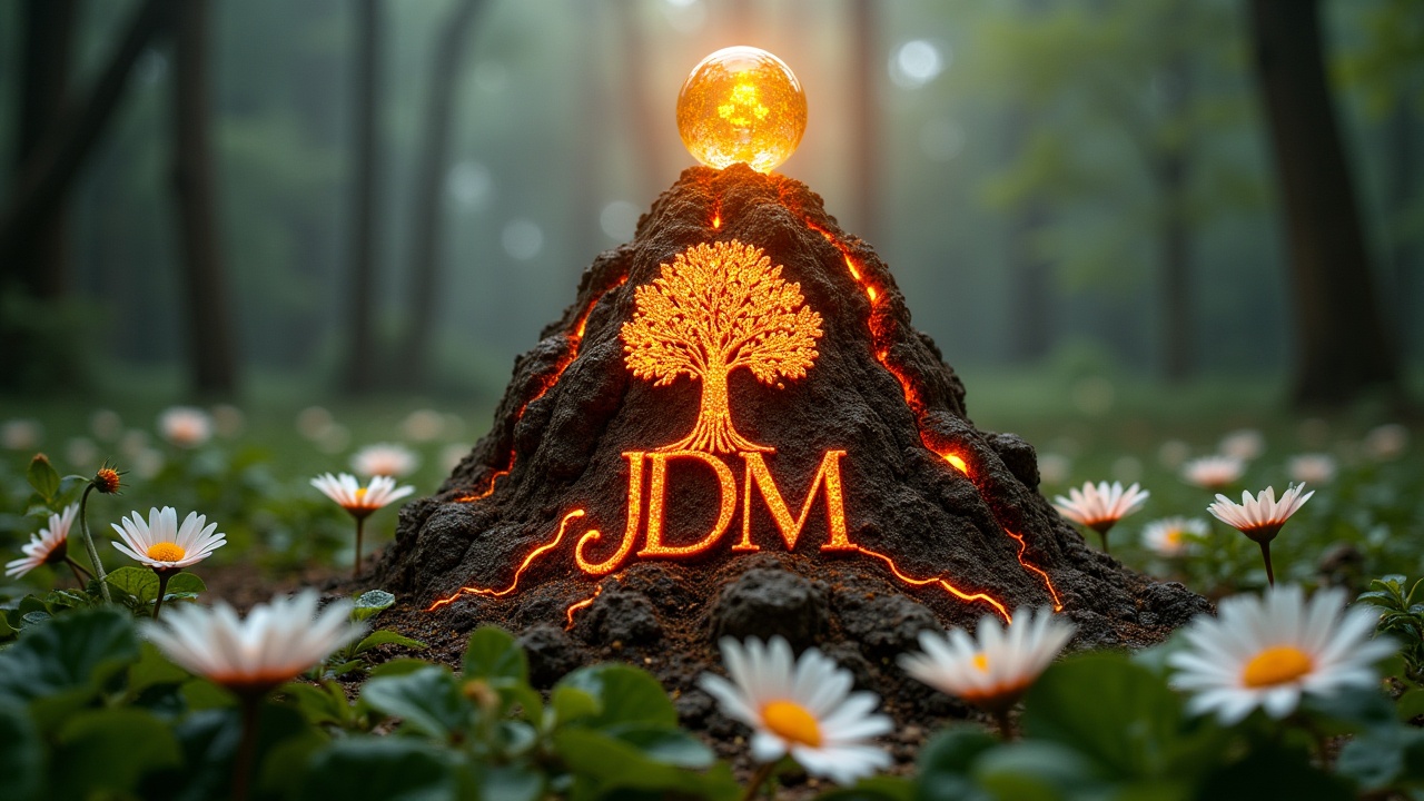 A mystical, glowing logo embedded in a rock within a forest. The logo features a tree and the letters 'JDM'. The rock beneath is glowing with orange light, and a glowing orb is above it. Daisies surround the scene, with a blurred forest background.