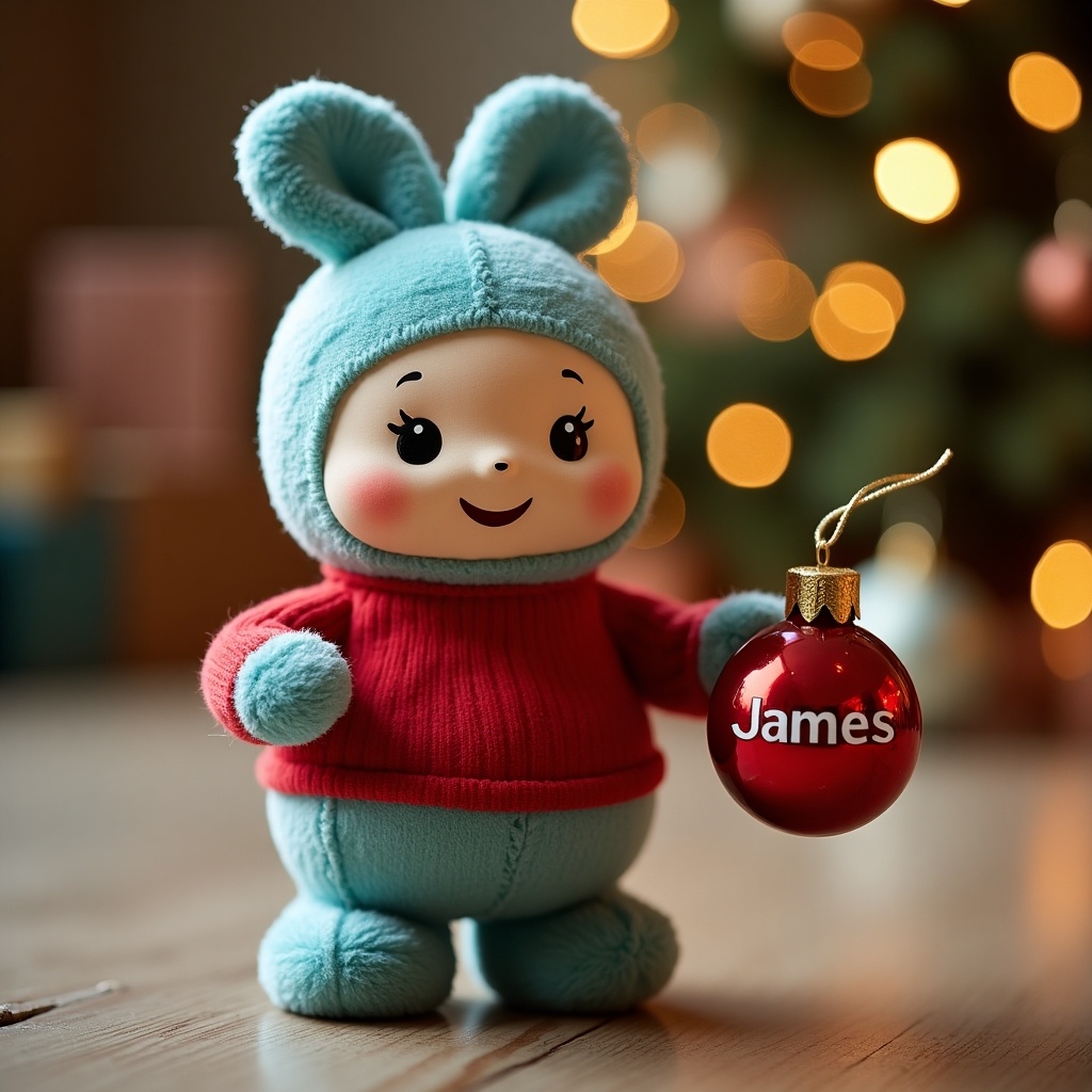 The image features a cute doll resembling Iggle Piggle from Cbeebies. The doll is dressed in a blue outfit with bunny ears and is holding a shiny red Christmas bauble. The bauble has the name 'James' written in a playful font. In the background, there's a Christmas tree adorned with lights and decorations, creating a festive atmosphere. The warm lighting enhances the cozy and joyful feeling of the scene, perfect for the holiday spirit.