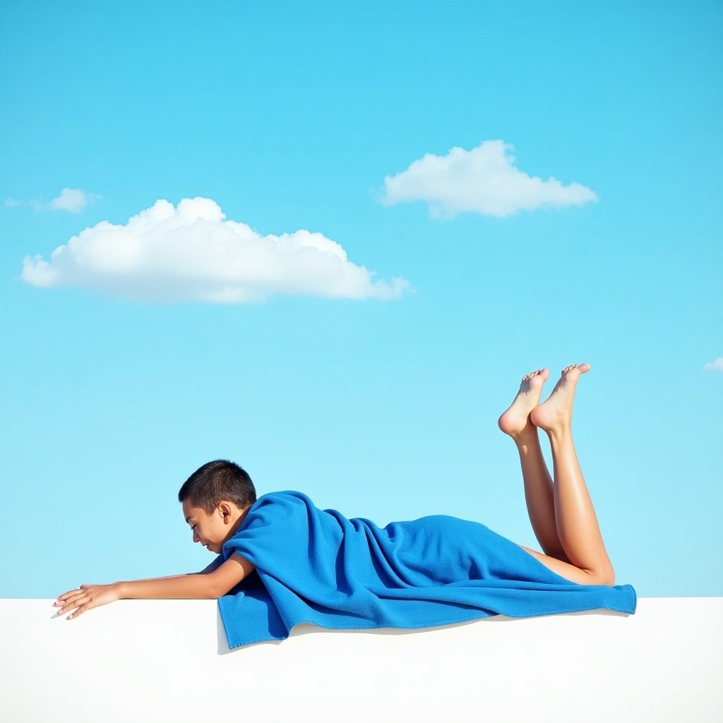 A person lays face down on a white surface wearing a vibrant blue wrap. Bright blue sky and fluffy clouds backdrop. Legs raised playfully suggesting a carefree moment.