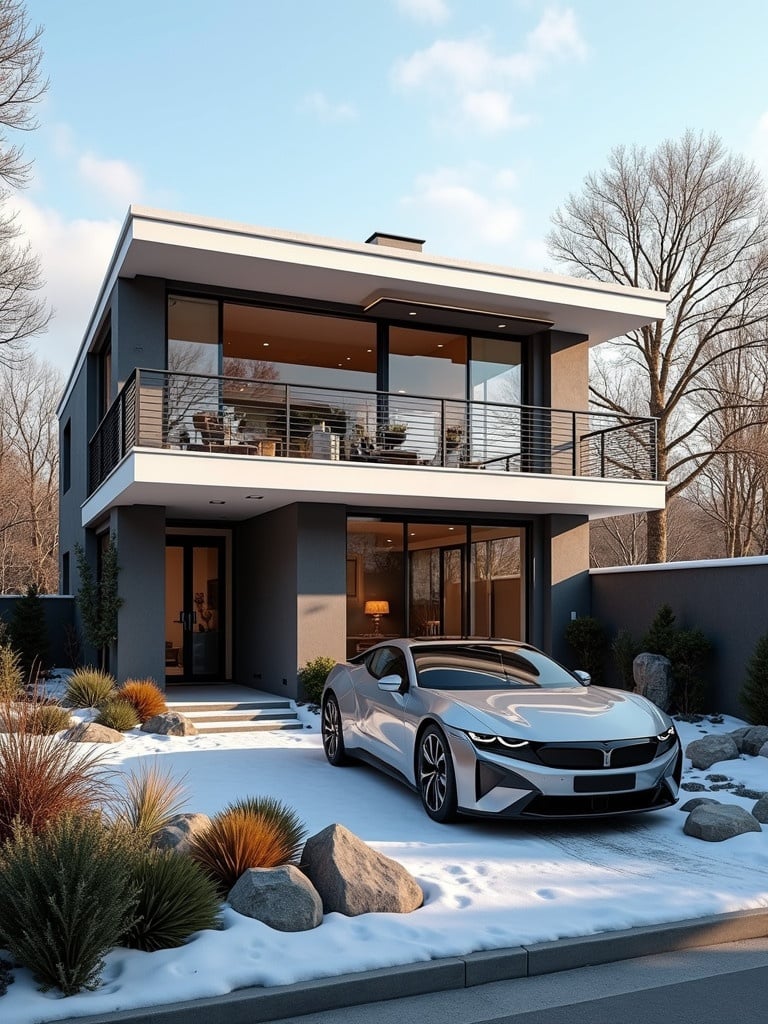 A luxury home abroad with solar panels and an electric vehicle charger in January. The house is modern with a sleek design. A luxury car is parked in front. Snow covers the ground, and there are decorative bushes and rocks.