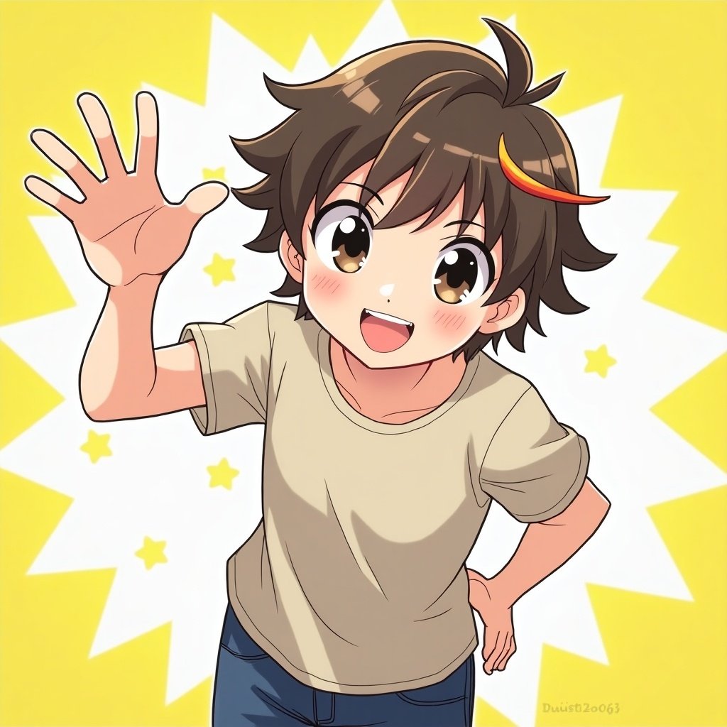 Anime boy cheerfully waving hand with bright background and casual attire.