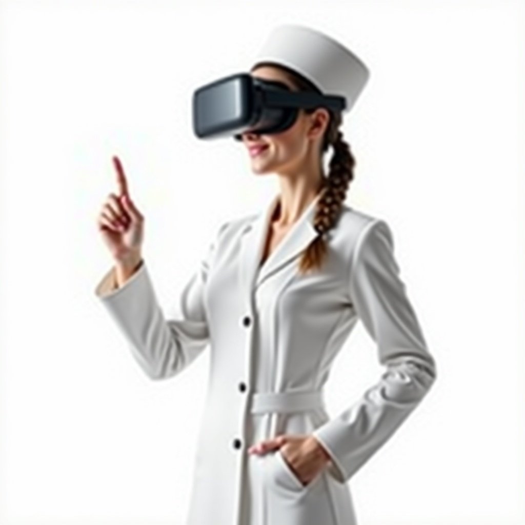 Image of a spa assistant wearing a VR headset. She is in a stylish white uniform. The assistant holds a finger in the air as if pressing an interactive button. Background is transparent white. The image has a photographic quality and a cinematic look.