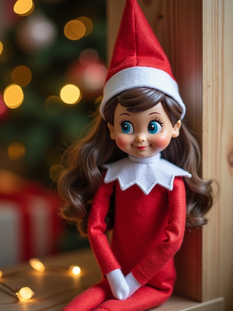 A girl elf doll dressed in festive red attire with a playful pose. The background shows Christmas decorations and warm bokeh lights festive atmosphere created for holiday spirit.