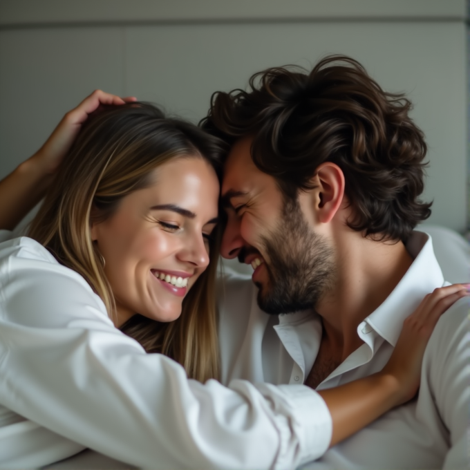 A joyful couple wearing white shirts shares an intimate embrace, smiling with their foreheads touching.