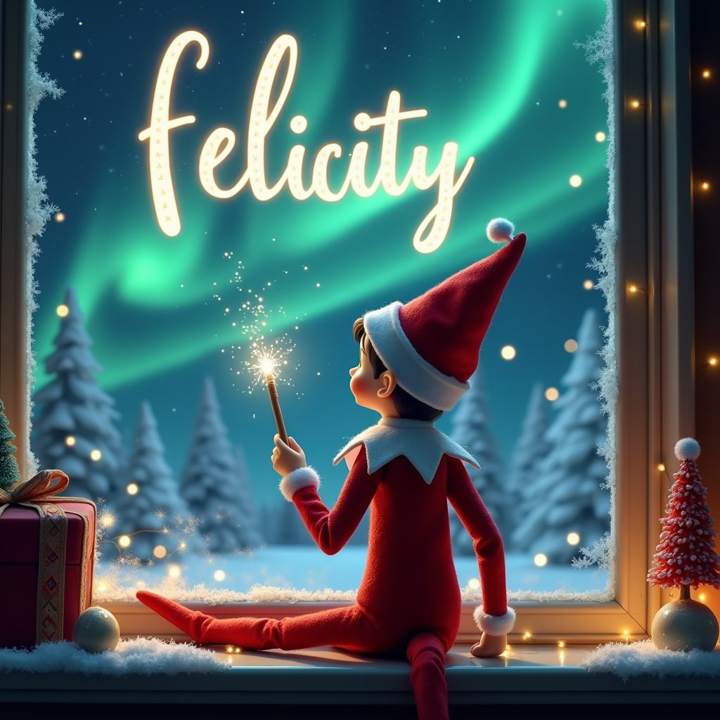 An enchanting Christmas scene featuring an elf with his back to the viewer, gazing at the night sky. He is using a magic wand to write the word 'felicity' in the air. In the background, dazzling Northern Lights dance in the sky, creating a magical atmosphere. The elf, dressed in festive red and white, sits by a frosted window adorned with twinkling lights. This charming image captures the joy and wonder of the holiday season with a whimsical touch.