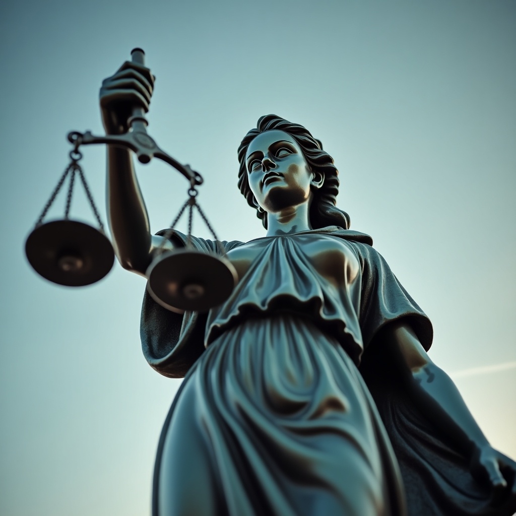 The image showcases a vector statue of Lady Justice, depicted with a majestic presence. She holds the scales high above her head, embodying the principles of fairness and balance. Captured from a low angle, the composition gives her an epic stature, emphasizing her authority. Dressed in traditional judge's robes, her blindfold symbolizes impartiality. The overall tone is dignified and solemn, resonating with themes of justice and morality.