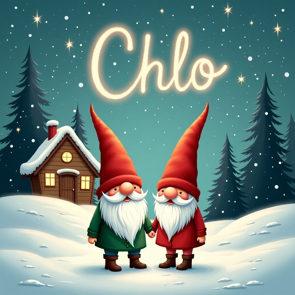 Whimsical illustration of a gnome couple holding hands in a snowy landscape. One wears green and the other red, both have tall pointed hats. A cozy cabin behind them with soft lighting, tall pine trees around. Sparkling stars fill the sky, capturing the spirit of togetherness and joy. The name 'Chlo' shines in the sky.