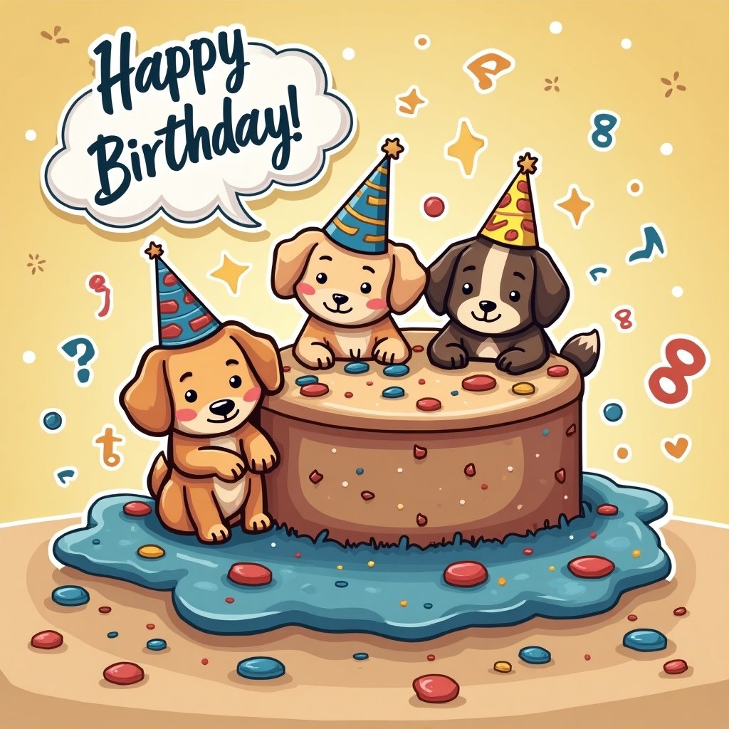 Three cartoon dogs celebrate with a birthday cake. The dogs wear party hats and are cheerful. The scene has colorful decorations. Text at the top reads 'Happy Birthday!'