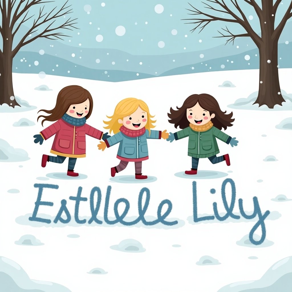 Three children in winter clothes play in the snow. One child with brown hair, one with blonde hair, and another with brown hair hold hands. Names Imogen, Estelle, Lily are written in snow.